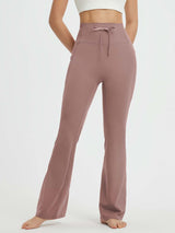 Dusty rose drawstring high-waist flare yoga pants #Color_Brown