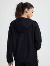 Black outdoor packable windbreaker jacket, back view with reflective dots.