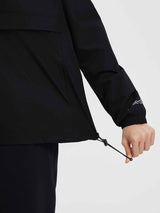 Black outdoor packable windbreaker jacket: elastic cuff, drawstring, reflective print. #color_Black