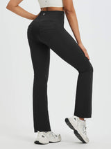 Women's black fleece running boot-cut pants with high waist and flattering back pockets. #color_Black