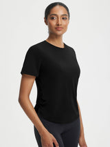 Baleaf women's ultra-soft UPF 50+ black crewneck shirt with side cinching. #color_Black