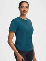 Baleaf ultra-soft teal UPF 50+ crewneck shirt with side cinch. #color_Deep Blue