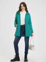 Teal women's mid-length quilted puffer jacket with zipper. #Color_Green