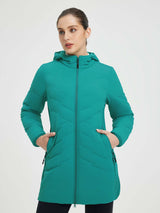Women's mid-length teal quilted jacket with hood and pockets #Color_Green