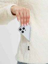 Women's cream arctic fleece 1/4 zip pullover with phone in side pocket. #Color_White