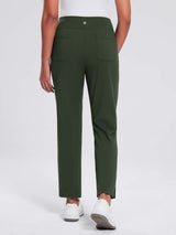 Woman wearing dark green fleece-lined tapered jogger pants with two back pockets and white sneakers. #color_Army Green