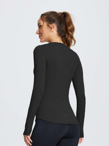 Black women's compression long-sleeve running top with contoured seams #color_Black
