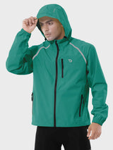 Men's teal UPF 50+ waterproof cycling rain jacket with hood and reflective accents. #color_Green