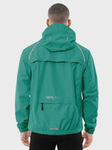 Men's teal BALEAF waterproof cycling rain jacket back view with reflective stripes and zip pocket #color_Green