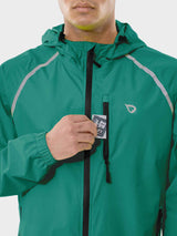 Men's green UPF 50+ waterproof cycling rain jacket with reflective stripes. #color_Green