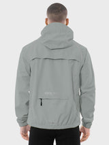 Men's BALEAF grey UPF 50+ waterproof cycling rain jacket, back view, with reflective accents and hood. #color_Light Gray