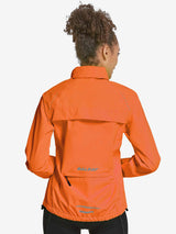 Women's orange Baleaf waterproof cycling rain jacket, back view with reflective details. #color_Orange