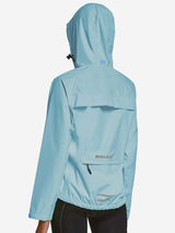 Women's light blue BALEAF waterproof cycling rain jacket back view with reflective dots and vent flap. #color_Blue