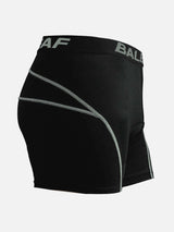 Men's black 3D padded cycling shorts with 'AF BAL' waistband and grey stitching. #color_Gray