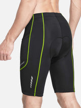 Men's UPF 50+ cycling shorts, black with lime green accents, side pockets, reflective details.