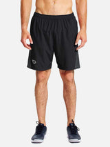 Black men's 7" running shorts with built-in liner, mesh side panels, and logo. #color_Black