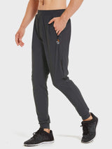 Men's dark grey lightweight jogger running pants with zippered pocket and tapered cuffs.