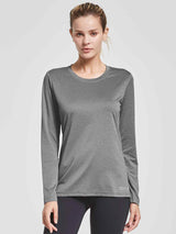 Women's heather grey long-sleeve running shirt, UPF 50+, quick-dry performance fabric. #color_Heather Gray