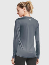 Women's grey UPF 50+ long-sleeve quick-dry running shirt, back view with reflective detail. #color_Gray