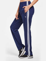 Knit Straight-Leg Running Pants in navy with white side stripes and zip pockets.