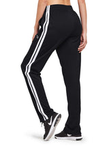 Black knit straight-leg running pants with white side stripes and fleece lining. #color_Black/White