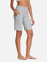 Light gray Laureate High Rise Bermuda Shorts with pockets and flatlock seams for active use.
