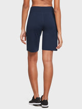 Navy Laureate High Rise Bermuda shorts for yoga, back view. #color_Navy