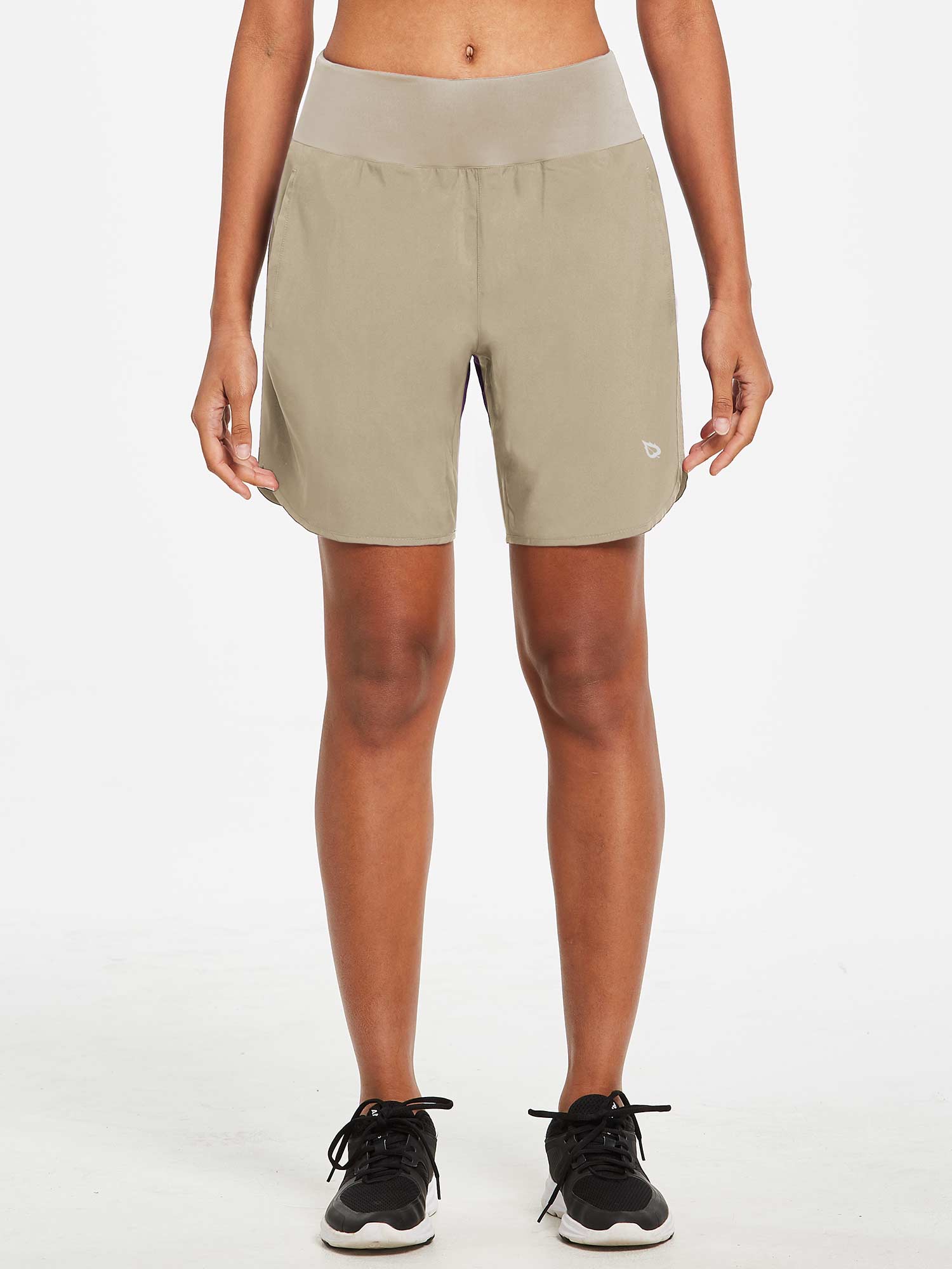 Women's tan 7-inch running shorts with liner, A-line fit, lightweight material. #color_Khaki