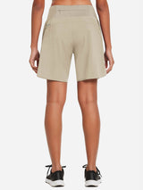 ALEAF women's 7-inch khaki running shorts, high-rise A-line fit, back view. #color_Khaki