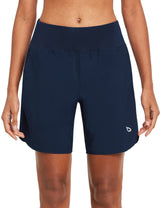 Women's navy blue 7-inch running shorts with liner, high-rise waist, side pockets, and logo. #color_Navy Blue
