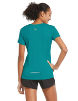Women's teal quick-dry short-sleeve crewneck running shirt, back view with reflective detail. #color_Green