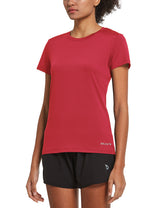 Woman wearing a red BALEAF short-sleeve quick-dry crewneck running shirt and black shorts. #color_Red