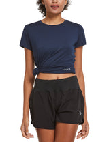 Baleaf women's navy t-shirt tied at waist with black running shorts for Everyday Active Set.