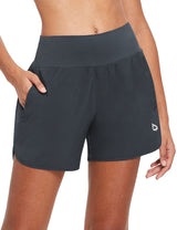 Dark grey women's 5" quick-dry running shorts, lightweight A-line fit, side pocket detail. #color_Dark Gray
