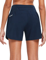 Navy blue Baleaf quick-dry running shorts, back view, high-rise waist with zip pocket. #color_Navy Blue