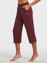Women's wine red lightweight wide-leg cotton capri pants with drawstring waist and pockets. #color_Wine Red