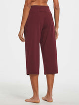 Women's wine red lightweight wide-leg cotton capri pants from behind. #color_Wine Red