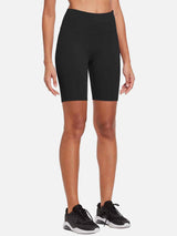 Women's black 8" high-waisted compression biker shorts with side pockets. #color_Black