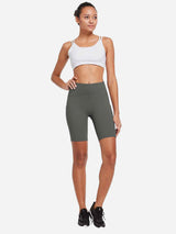 Women's grey 8-inch high-waisted compression biker shorts with side pockets. #color_Dark Gray