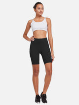 Women's black 8" high-waisted compression yoga biker shorts with side pockets. #color_Black