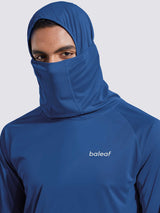 Men's blue UPF 50+ sun protection hoodie with built-in mask and baleaf logo. #color_Navy Blue