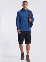 Men's blue UPF 50+ sun protection hoodie with built-in mask, cargo shorts, backpack. #color_Navy Blue