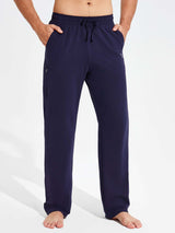 Men's dark navy cotton yoga cargo pants with drawstring and side zipper pocket. #color_Navy Blue