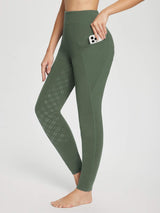 Women's olive green equestrian breeches with perforated legs and a phone pocket. #color_Army Green