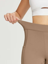 Women's warm fleece riding breeches, tan, high-rise elastic waist, side pocket. #color_Brown