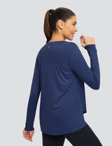 Navy blue loose crew neck long sleeve t-shirt with flowing hem for women