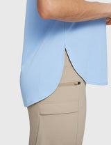Casual outdoor capri set: light blue UPF 50+ short sleeve tee with side slit over khaki capris. #color_Kentucky Blue