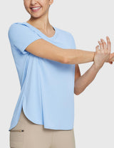 Casual outdoor capri set: woman in blue UPF 50+ crew neck tee & beige capris. #color_Kentucky Blue