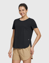 Black UPF 50+ crew neck tee with beige DWR shorts for casual trail adventures. #color_Black