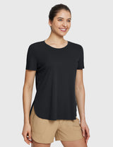 Black UPF 50+ short sleeve tee and tan DWR shorts for casual trail. #color_Black